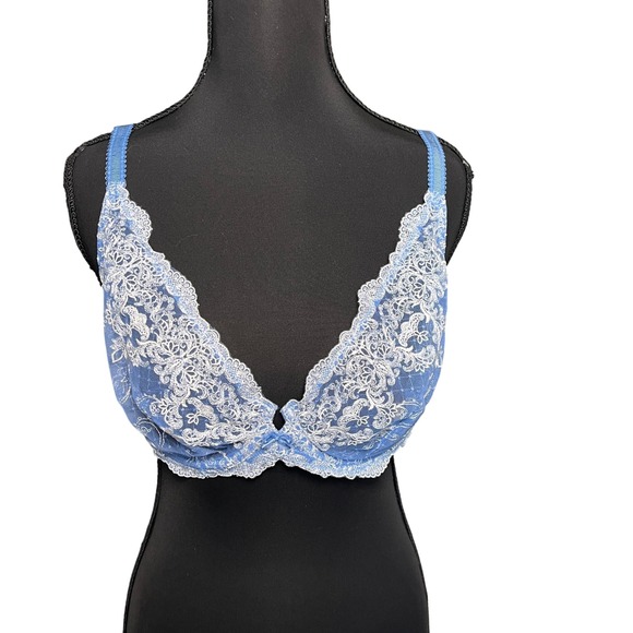 Soma Lamour Lace Plunge Bra 36C Blue White Floral Lace Mesh Underwire Embroidery - Picture 2 of 7